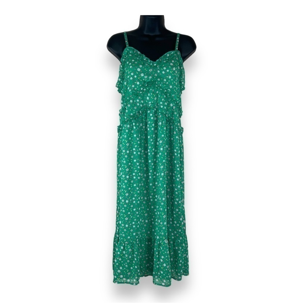 Large Juniors Green Floral Ruffle Dress Sleeveless Boho Peasant  Sweetheart Neck